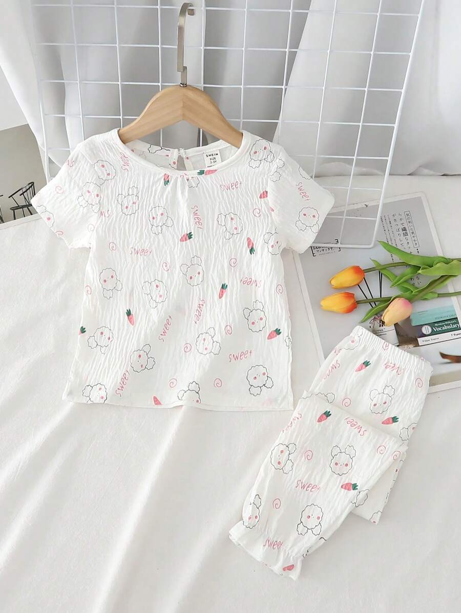 2pcs Baby Girls Cloud & Carrot Rabbit Pattern T-Shirt And Pants, Casual Comfortable Homewear Set - White - View 1