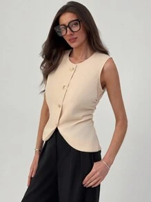 Aloruh 优雅圆领简约杏色收腰修身办公室背心 - 杏色 - 查看 5