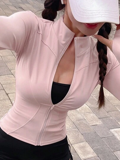 DAZY 女式纯色弹力立领修身长袖夹克，休闲运动，春秋季