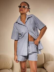 Athîral 2pcs Set Women Blue Linen Textured Stripe Short Sleeve Shirt And Short Set