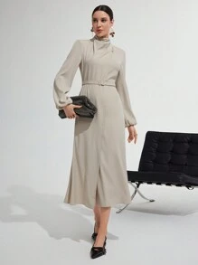 Modelyn Ladies' Solid Color Turtleneck Lantern Sleeve Elegant Arabian Dress - Khaki - View 6