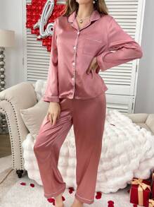 Women's Solid Color Long Sleeve Top & Pants Pajama Set, Casual & Fashionable For Everyday, Vacation