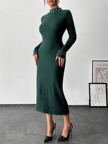 EURMUSE PEARL DETAIL LONG BLACK ELEGANT DRESS - Dark Green - View 3