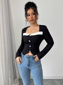 Calvaya Blusa de punto de cuello cuadrado con empalmado, ajuste ceñido para mujer