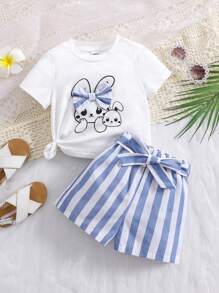 SHEIN 夏季女宝宝可爱卡通图案上衣和条纹短裤套装 - 白色 - 查看 5