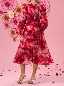 SHEIN Clasi Floral Print Round Neck Lantern Sleeve Mid-Length Dress For Women,Spring Outfits For Women, Coquette ,Festival,Old Money