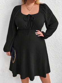 SHEIN CURVE+ Plus Size Women's Solid Color Ribbed Casual Knotted Front Lantern Sleeve Dress - Black - View 1
