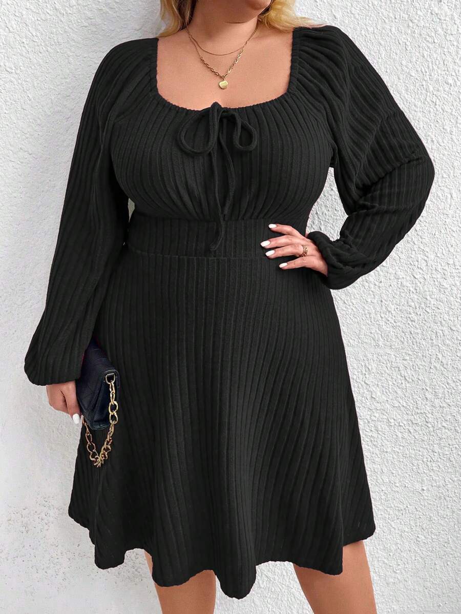 SHEIN CURVE+ Plus Size Women's Solid Color Ribbed Casual Knotted Front Lantern Sleeve Dress - Black - View 1