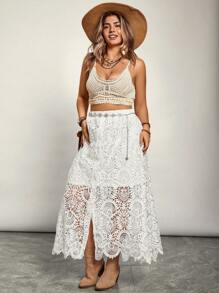 SHEIN VCAY Falda casual de talla grande de unicolor con encaje y dobladillo dividido, adecuada para vacaciones