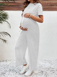 SHEIN Maternity Casual Striped Short Sleeve Jumpsuit - White - View 7