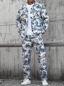 Manfinity EMRG Conjunto de chaqueta y pantalones de manga larga con cierre de botones delantero, bolsillo e impresión simple, ropa de otoño para hombre