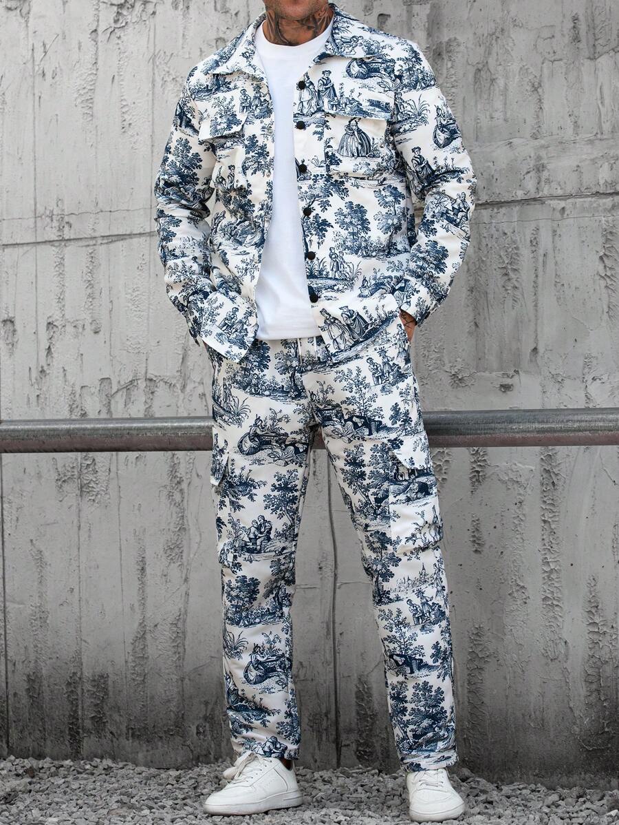 Manfinity EMRG Conjunto de chaqueta y pantalones de manga larga con cierre de botones delantero, bolsillo e impresión simple, ropa de otoño para hombre