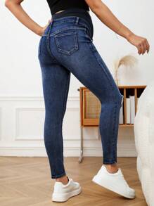 SHEIN Pregnant Women Casual Washed Distressed Skinny Fit Jeans Maternity Jeans - Dark Wash - View 2