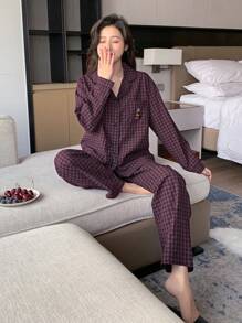 DAZY 2件套格子刺绣睡衣套装，秋季服装 - 玫紅色 - 查看 4