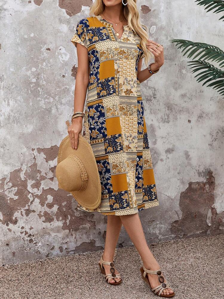 Vestido midi casual de mujer de manga corta con cuello en V y estampado floral
