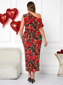 SHEIN Clasi Große Größen Kleid mit asymmetrischem Ausschnitt, Blume Muster, Wickeldetails und Schlitz, Outfit für Valentinstag - Verschiedenfarbig - Übersicht 2