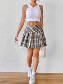 SHEIN Unity 女士格子褶皱简约 A 字裙，休闲日常穿着 - 黃色 - 查看 5