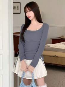 DAZY 女式弹力罗纹背心和前系带短裤套装，蓝色，春夏，女式两件套