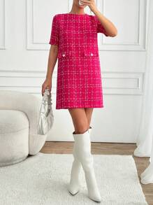 EURMUSE Plaid Pattern Front Pocket Designed Short Sleeve Zip Up Cute Dress - Pink - View 5