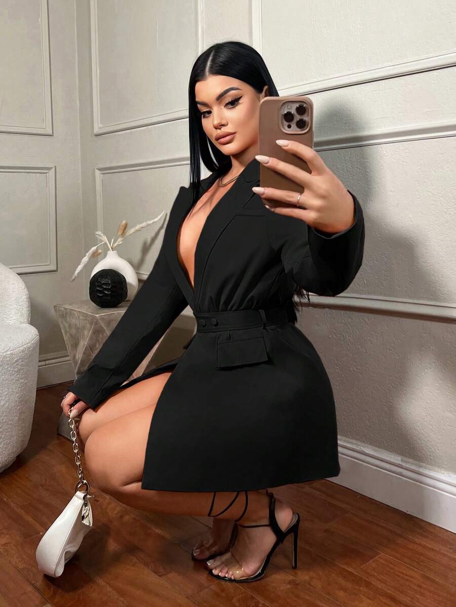 SHEIN SXY 冬季橙色口袋腰带女士西装外套 - 黑色 - 查看 1