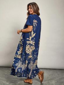 Freevana Váy họa tiết hoa cổ chữ V tay ngắn Boho cỡ lớn cho nữ, mùa hè - Màu xanh lam - Xem 2