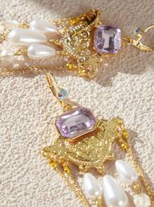 SHEIN Belle Crystal Rhinestone Pearl Beaded Tassel Drop Earrings
