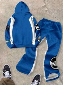 SHEIN Leap Crew Casual Loose Gothic Text, Baseball Culture, Number 23&68, Hip Hop Sport Style 2pcs Outfit - Hoodie With City Name Graphic Print & Pants For Teen Boys - Multicolor - View 2