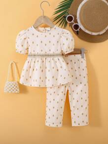 SHEIN Baby Girl Elegant Polka Dot Ruffle Sleeve Tee And Pants Set With Gold Sash, Chic And Style For Spring/Summer - Apricot - View 2