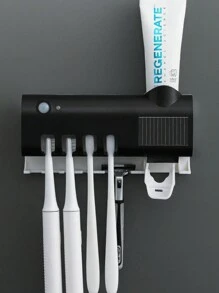 1 pieza Esterilizador inteligente de cepillo de dientes negro, soporte para cepillo de dientes montado en la pared sin taladro, exprimidor automático de pasta de dientes multifuncional con carga USB, conjunto para el baño que puede contener 4 cepillos de dientes y un tubo de pasta, adecuado para baños, dormitorios y decoración del hogar. Decoración de baño en casa para el verano - Negro - Ver 7