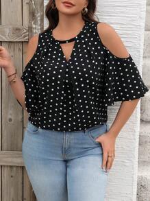 SHEIN VCAY Plus Size Polka Dot Open Shoulder Short Sleeve Blouse, For Summer - Black - View 4