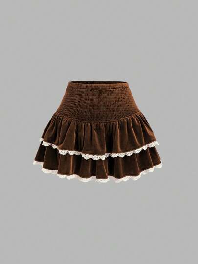 SHEIN Unity Jesienna spódnica damska z aksamitu, plisowana, brązowa, czerwona, na imprezę świąteczną, w kształcie litery A, modna koronkowa lamówka w talii, styl francuski Y2K, na noworoczne przyjęcie, bordowa spódnica damska