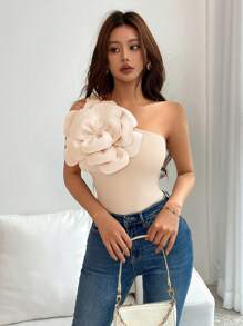 Chiquease 女士无袖斜肩简约花卉装饰休闲衬衫，日常穿着 - 杏色 - 查看 6