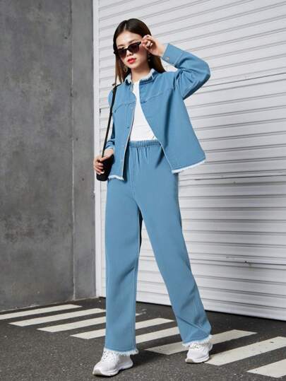 SHEIN 青少年女孩时尚度假休闲舒适拼布流苏下摆长袖上衣和牛仔裤 2 件套