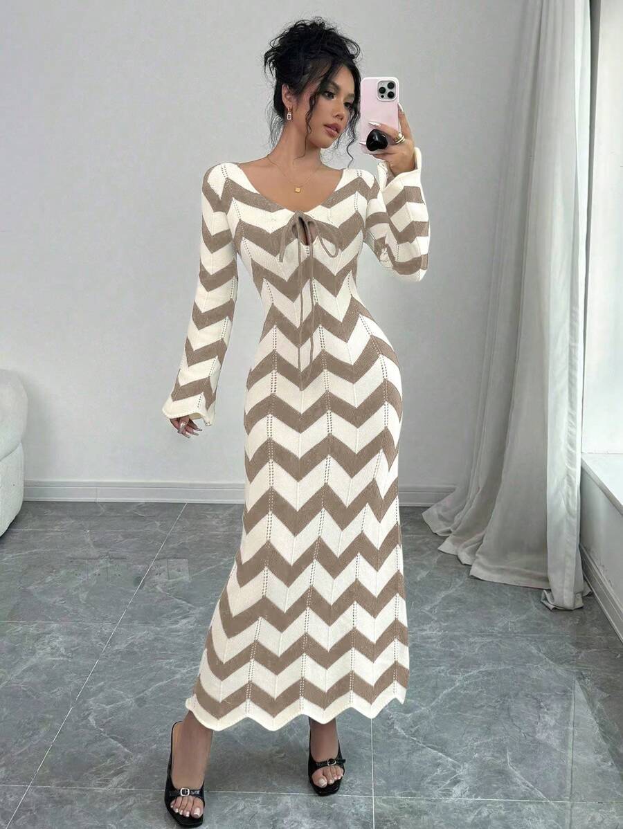 SHEIN Unity 女士秋冬波浪条纹系带长款针织毛衣连衣裙 - 棕色 - 查看 1