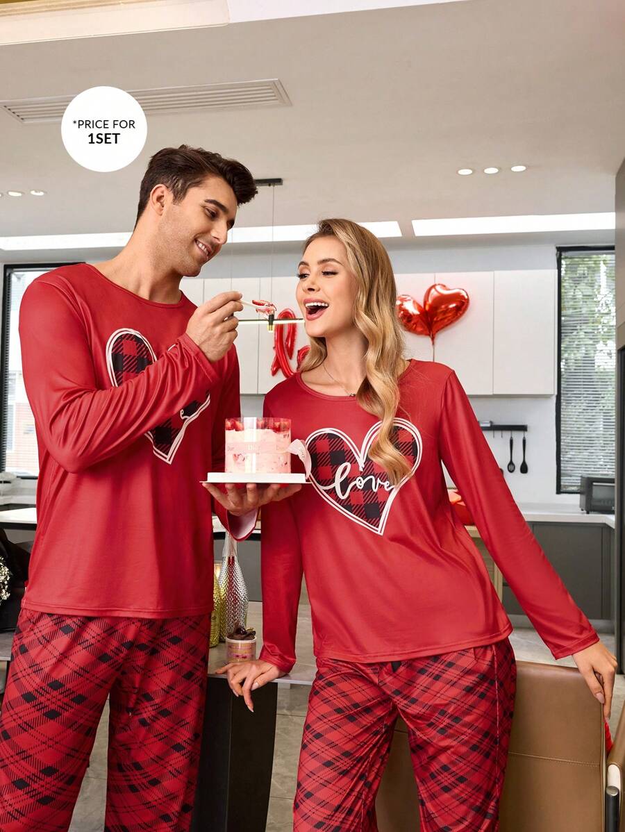 CoupledUp Set de 2 piezas Pijama con estampado de cuadros rojos con forma de corazón para hombre, ropa de estar en casa a juego para pareja, regalo del Día de San Valentín