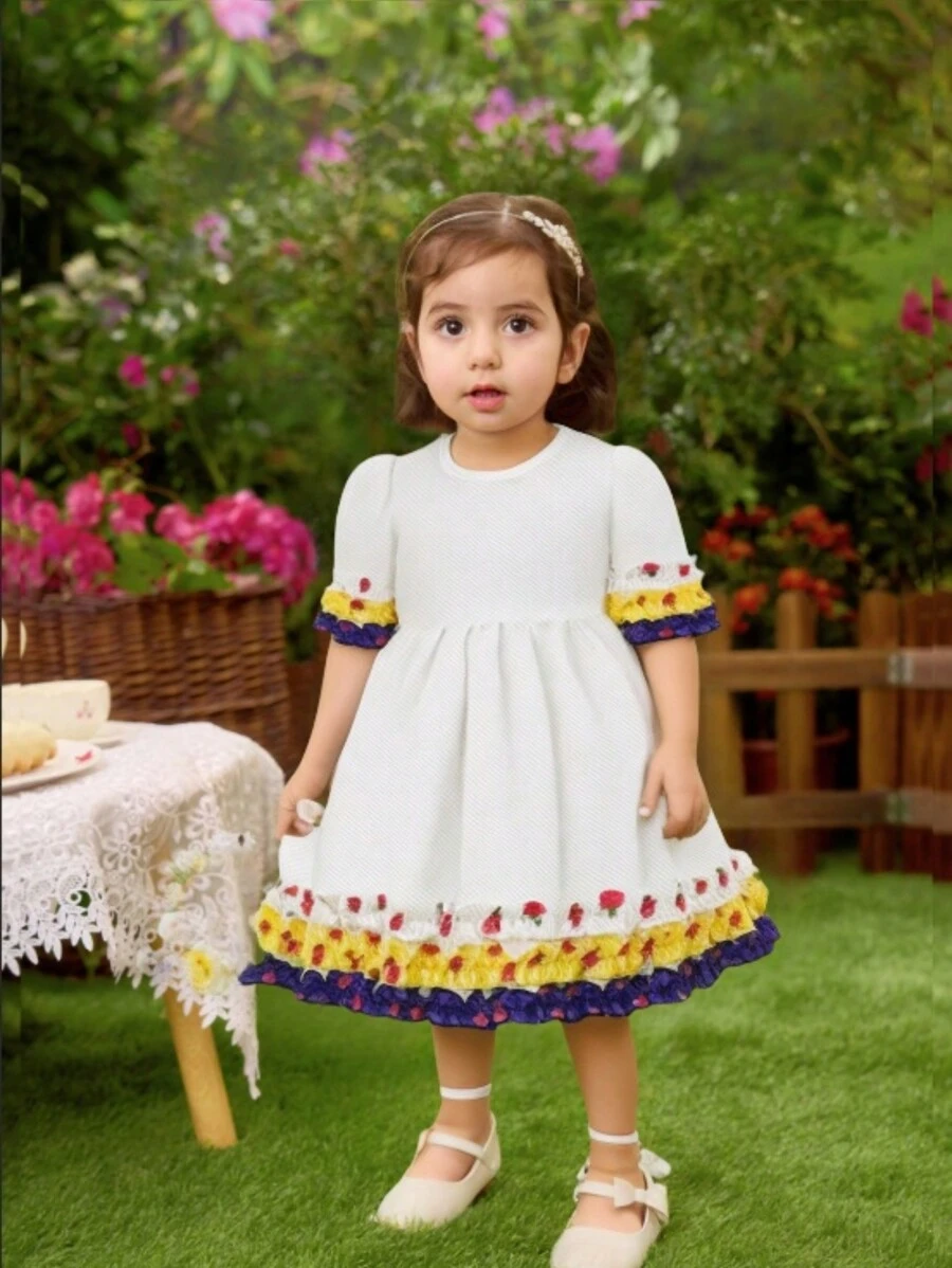 SHEIN Baby Girl White Dress With Ruffle Trim, Eid Mubarak Collection - White - View 1