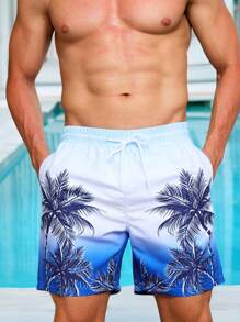 Surfspeed Men's Palm Tree Print Drawstring Waist Pockets Beach Shorts (Asymmetric Printing) - Blue - View 6