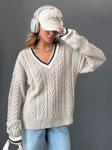 EURMUSE Women V-Neck Cable Knit Pattern Stripe Detailed Pullover - Beige - View 6