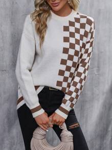 SHEIN LUNE Casual Dropped Shoulder Colorblock Checkered Knit Sweater, Autumn/Winter Knit Pullover Fall Sweater - Coffee Brown - View 5