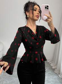 Elenzga Flounce Neck Rose Flower Romantic Blouse For Valentine's Day