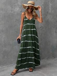 EMERY ROSE 女式春夏扎染条纹弹力针织休闲度假长款吊带裙