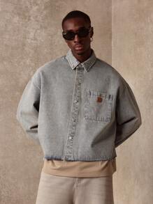 SUMWON Oversized Cropped Denim Shirt Raw Edge Jacket Fall Winter Essential Long Sleeve Streetwear Transitional Workwear Classic Grunge Fashion Statement Piece - Khaki - View 4