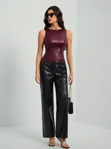 SHEIN Tall Women's High Elastic PU Gathered Burgundy Tank Top, Tank Top