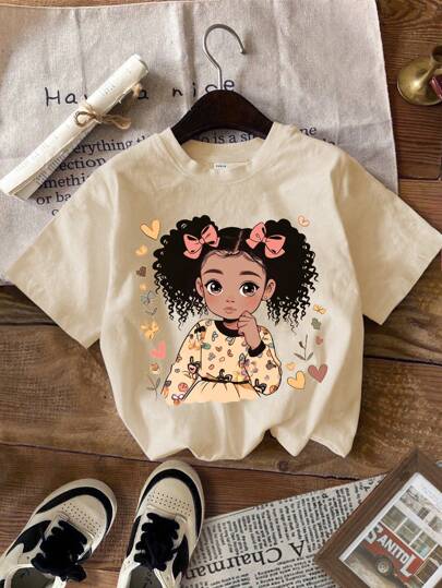 SHEIN Young Girl Cute Portrait Pattern Short Sleeve Round Neck Casual Minimalist T-Shirt For Summer