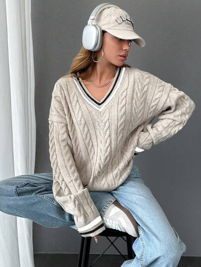 EURMUSE Women V-Neck Cable Knit Pattern Stripe Detailed Pullover