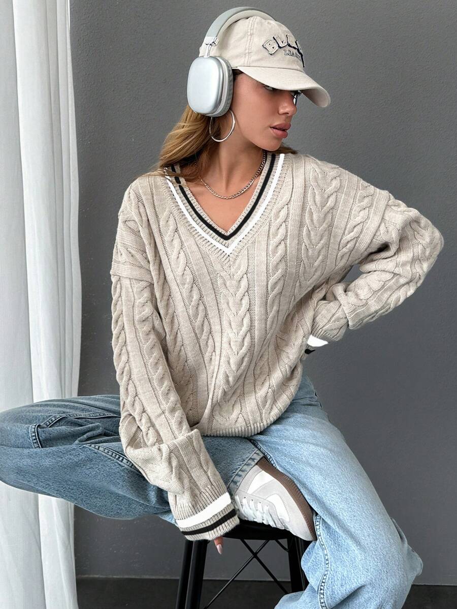 EURMUSE Women V-Neck Cable Knit Pattern Stripe Detailed Pullover - Beige - View 1