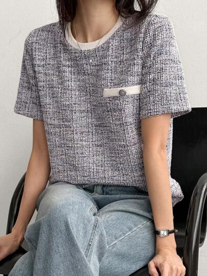 DAZY Women's Solid Color Patchwork Crew Neck Short Sleeve Pocket Casual Top Plaid