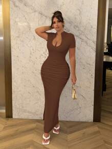 SHEIN SXY Summer Deep V-Neck Puckered Short Sleeve Bodycon Dress - Mocha Brown - View 4