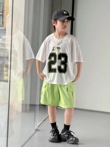 SHEIN Leap Crew 2pcs Tween Boys Casual Sports Numeric Print Pullover T-Shirt & Relaxed Fit Woven Pocket Shorts 2 Pieces Set - Multicolor - View 4