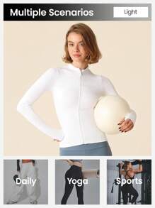 Lifespree Women's Solid Color Front Zipper Long Sleeve Casual Top, Everyday Wear - Light Grey - View 6